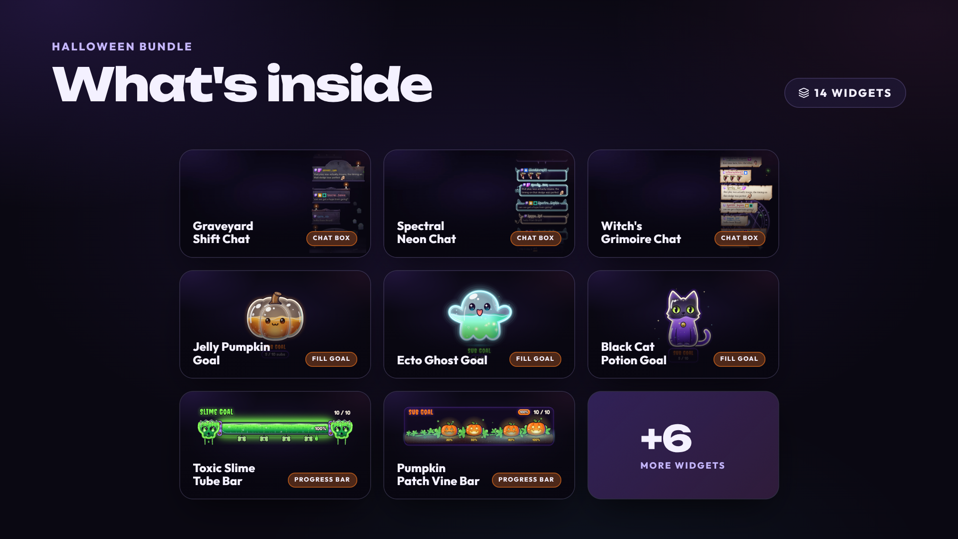 Grid of all 14 Halloween Bundle widgets: chat boxes, fill goals, progress bars and transitions.