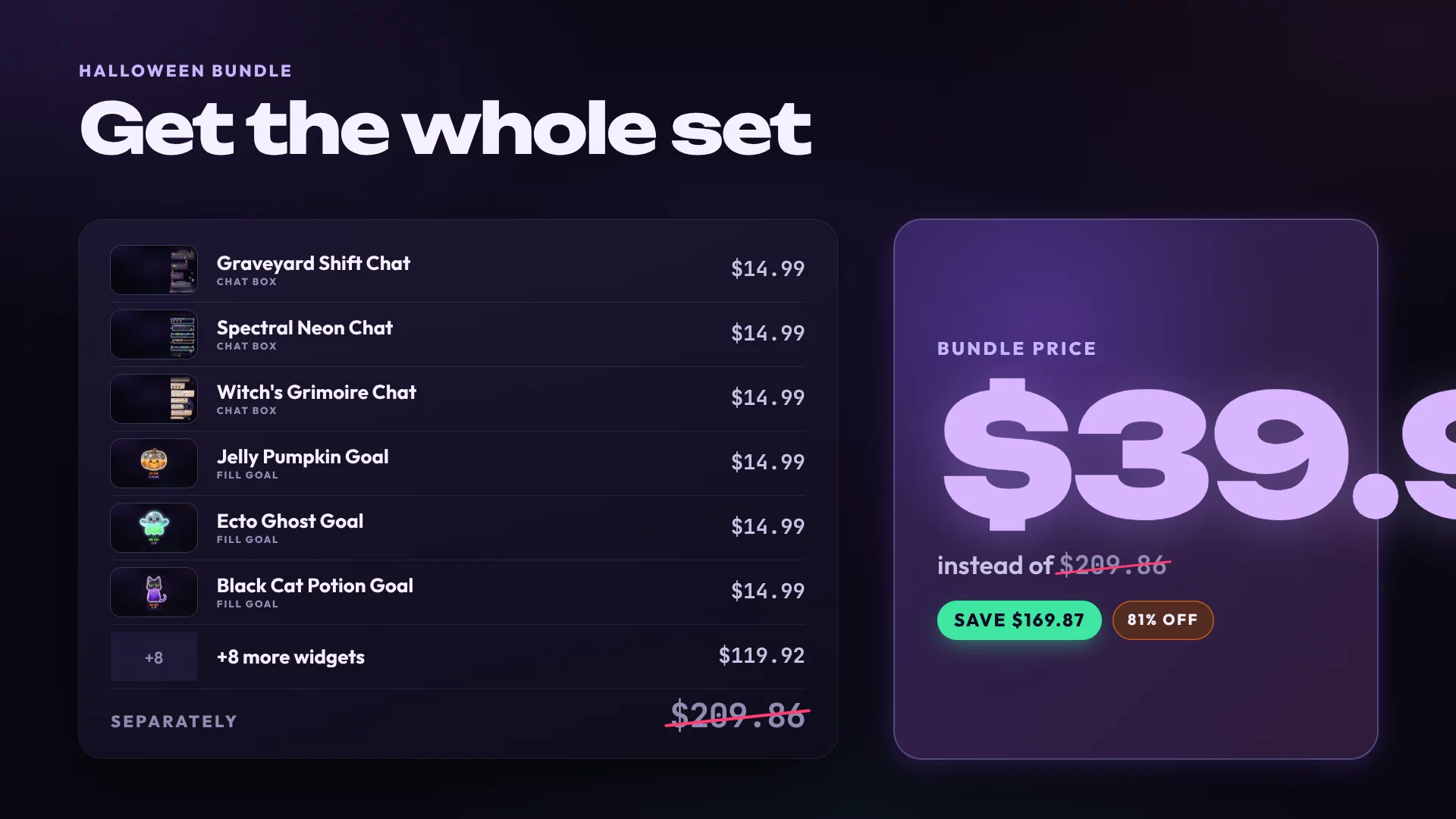 Image comparing the Halloween Bundle set price with buying each of the 14 widgets separately.